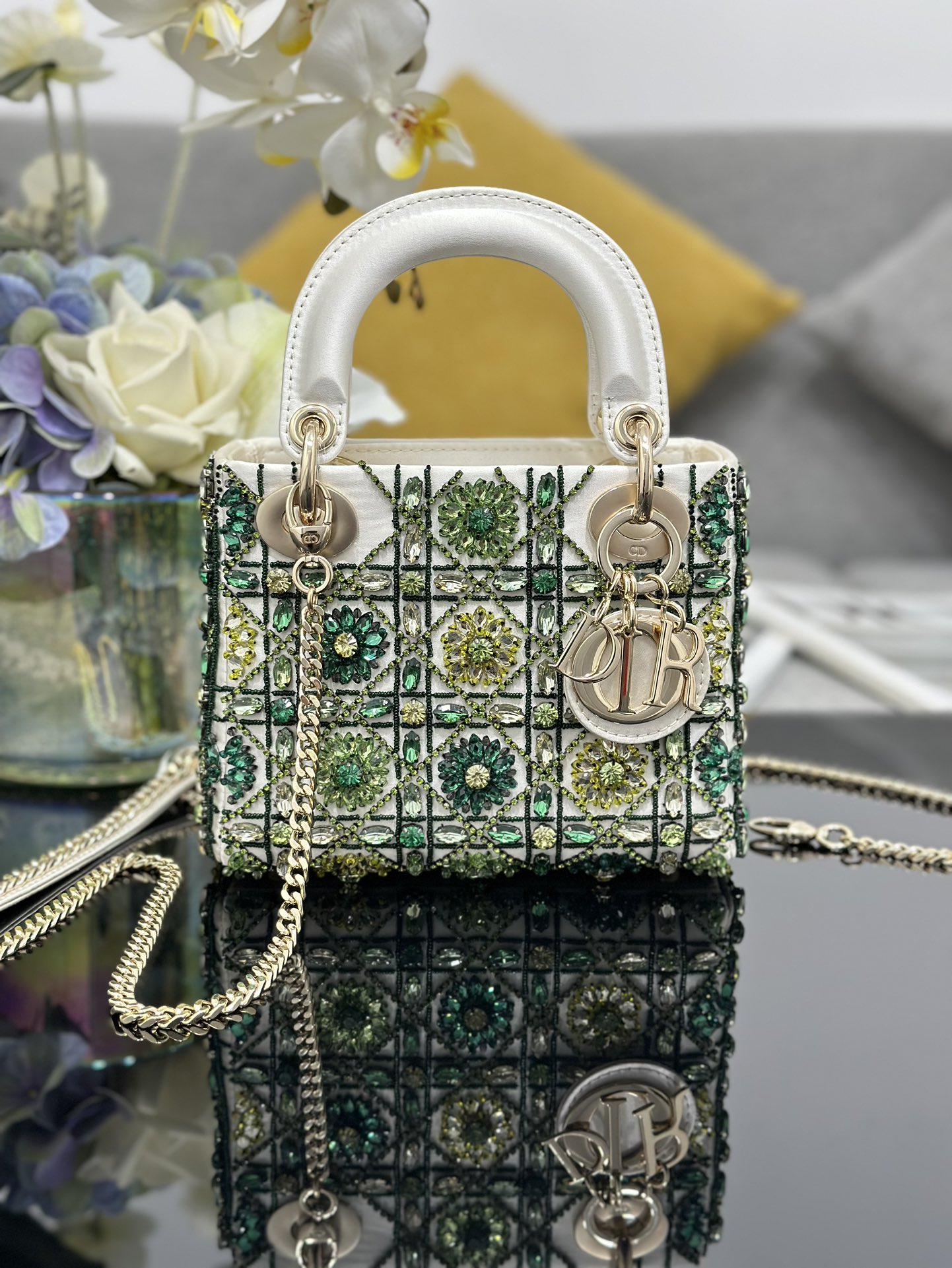 Mini Lady Dior Bag White Satin Embroidered with White Green Diamond